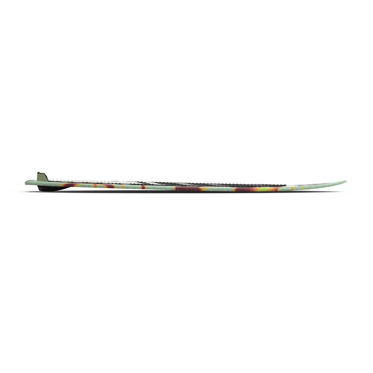 Side view of the Ace wakesurf board, colorful with a single fin on white background.