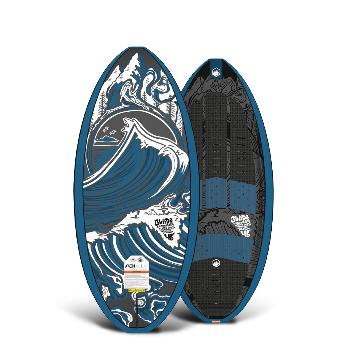 Top and bottom view of Blade surfboard: blue wave design with textured grip pads.
