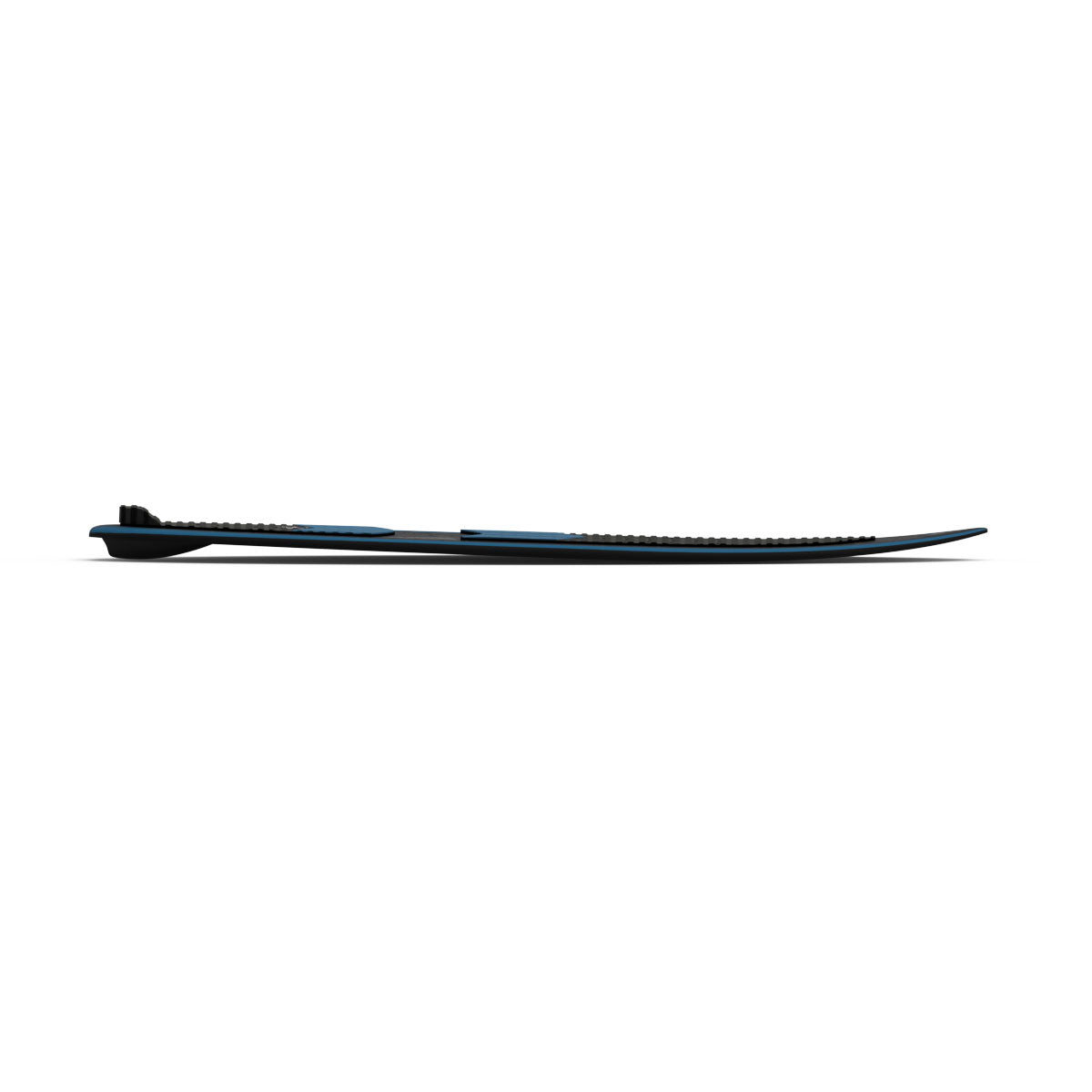 Side view of a black and blue Blade wakesurf on a white backdrop.