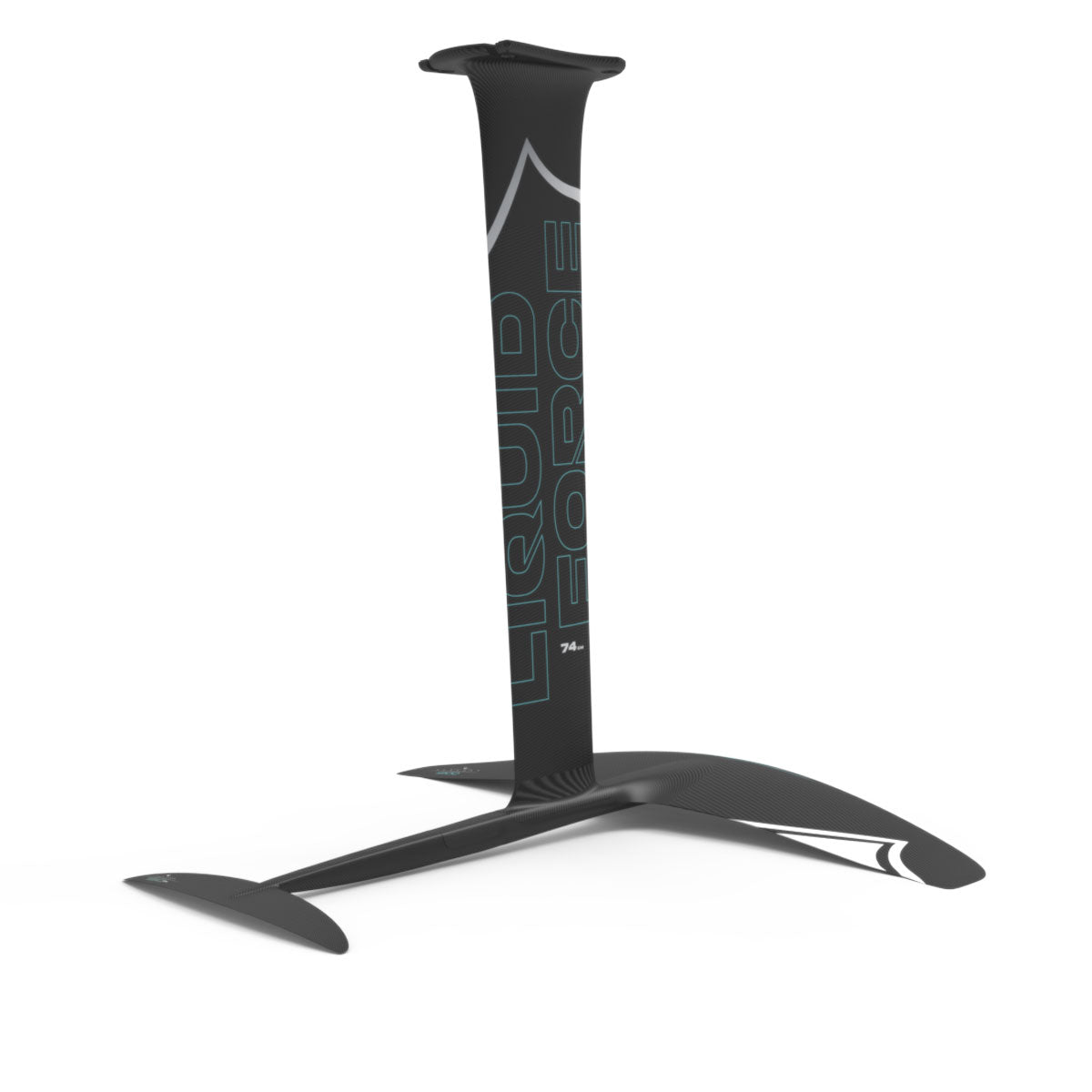 Rear view of Liquid Force black Carbon Horizon 1200 FuseLock hydrofoil kit with white and teal accents.