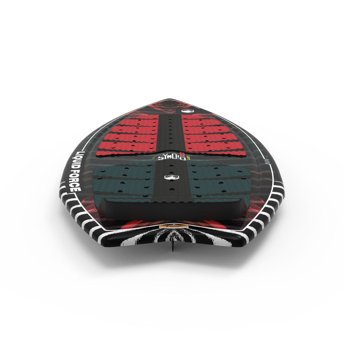 Liquid Force wakesurf board in black, red, and green design, seen from the tail end.