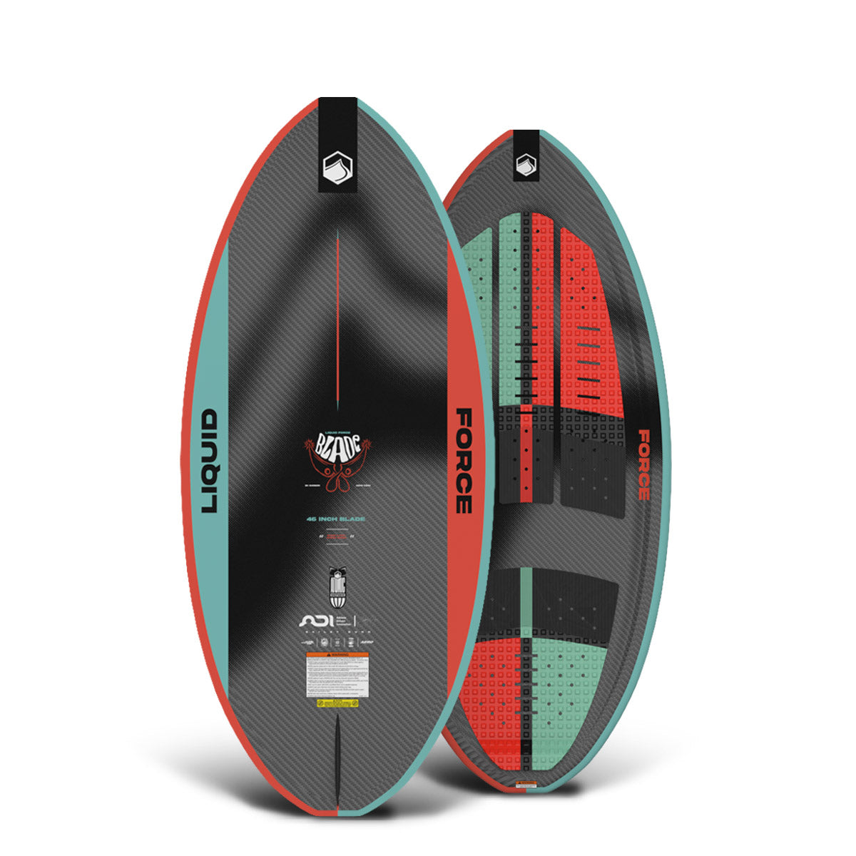 Front and back of the Blade 50" wakesurfer with red, teal, and black carbon fiber-style design.