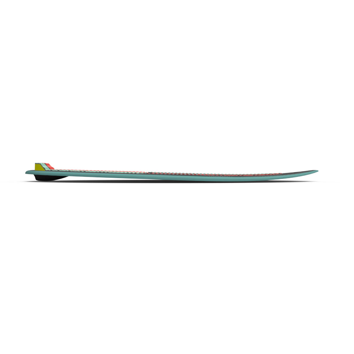 Side view of the Blade board highlighting its flat center and curved nose and tail.