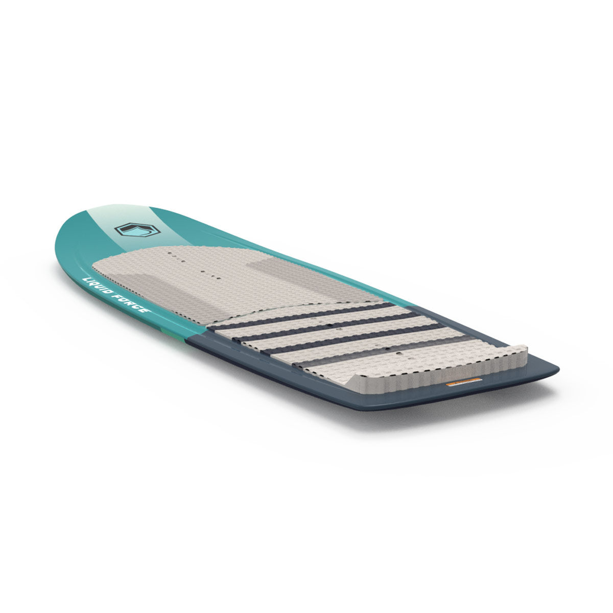 Angled view of the Launch foil board highlighting its padded deck and striped traction pad.