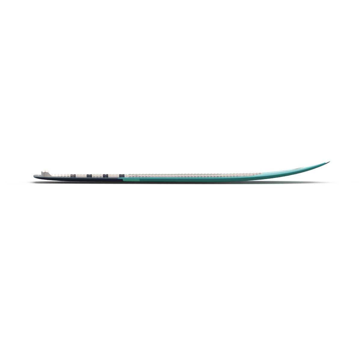 Side profile of the Launch foil board displaying its flat base and slightly upturned nose.