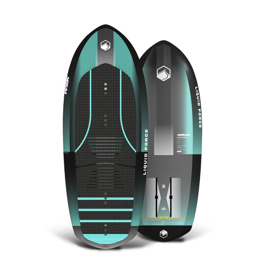 Top and base view of Nebula foil board in black and teal with textured deck and logo near nose.