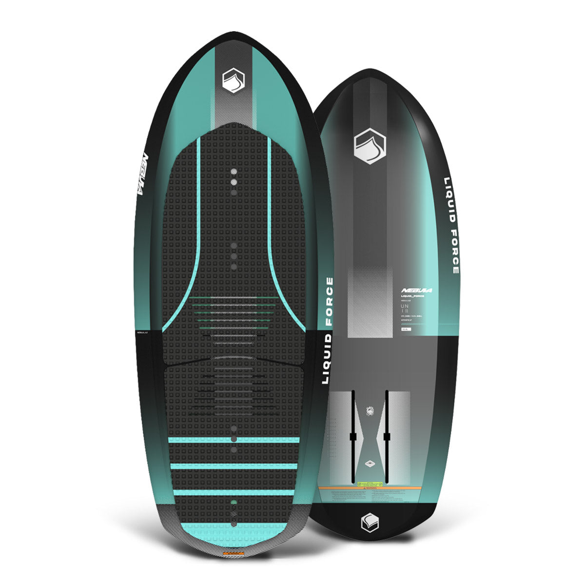 Top and base view of Nebula foil board in black and teal with textured deck and logo near nose.