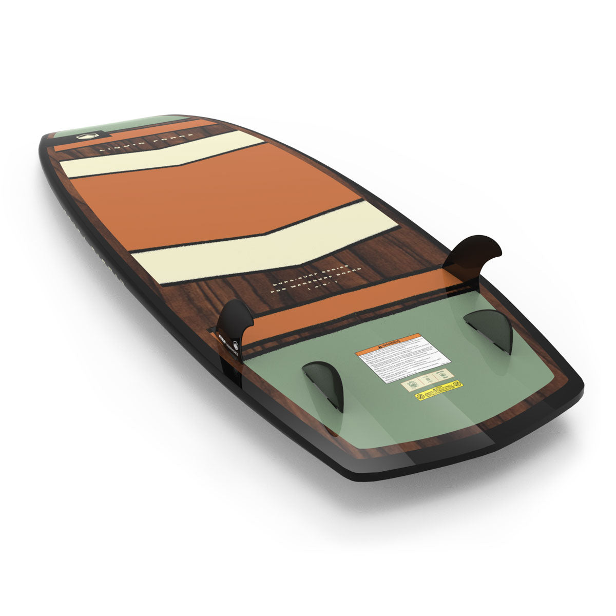 Bottom view of Pod board showing orange and white stripes with green tail and fins.
