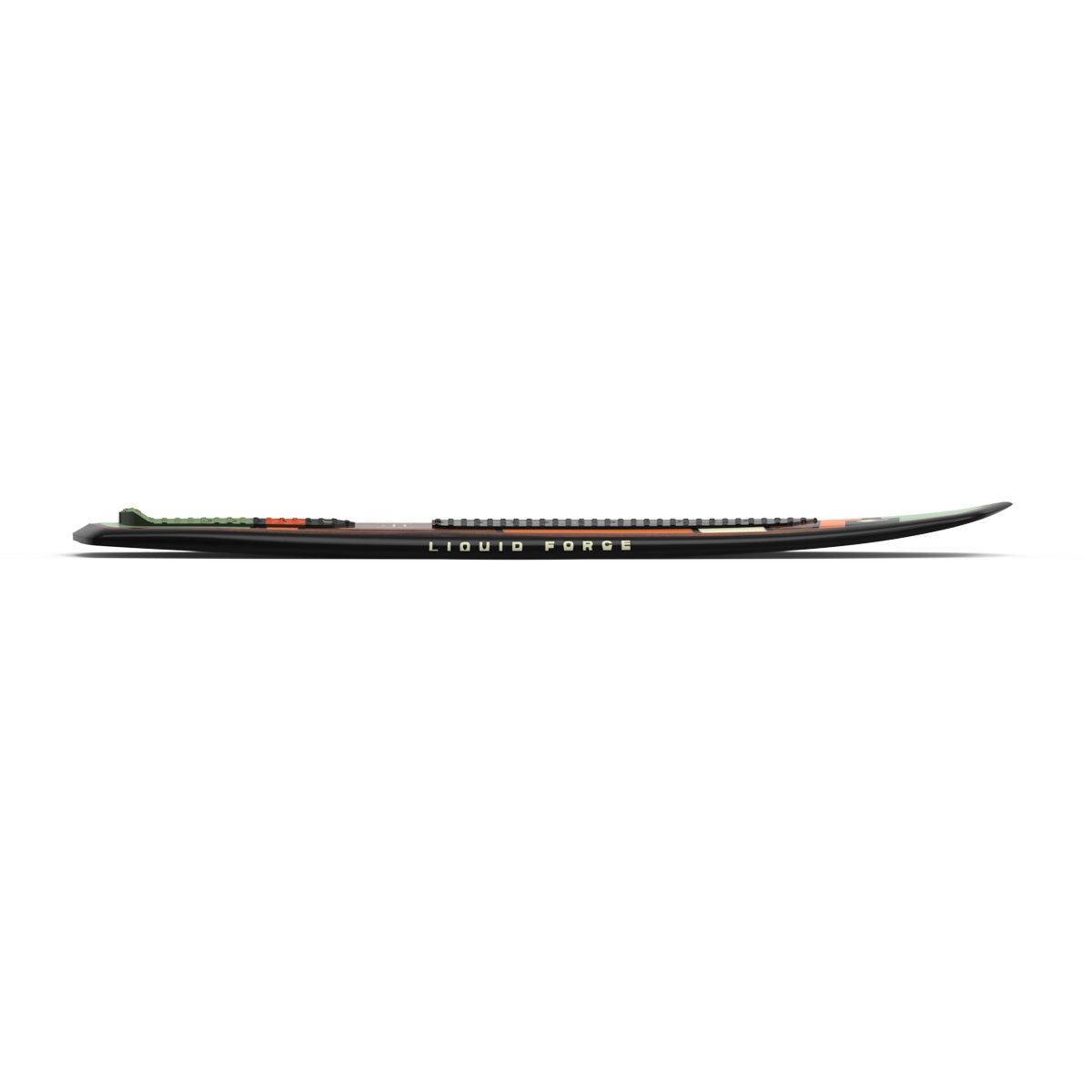 Side profile of Pod board showing its flat midsection and lifted nose and tail.