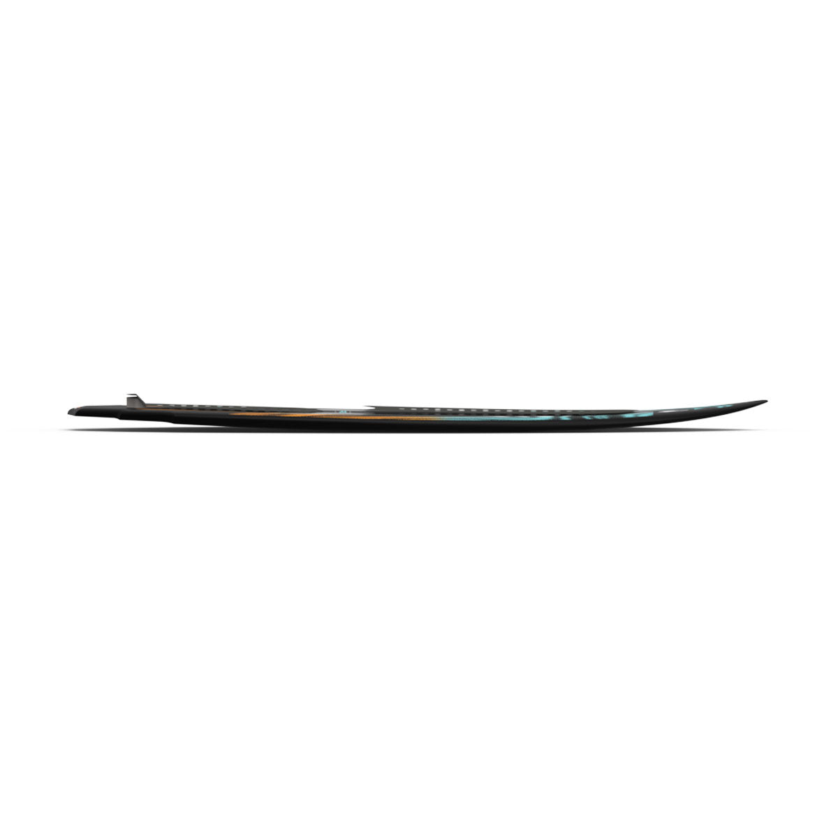 Side profile of Primo FS wakesurf board showing subtle rocker curvature.