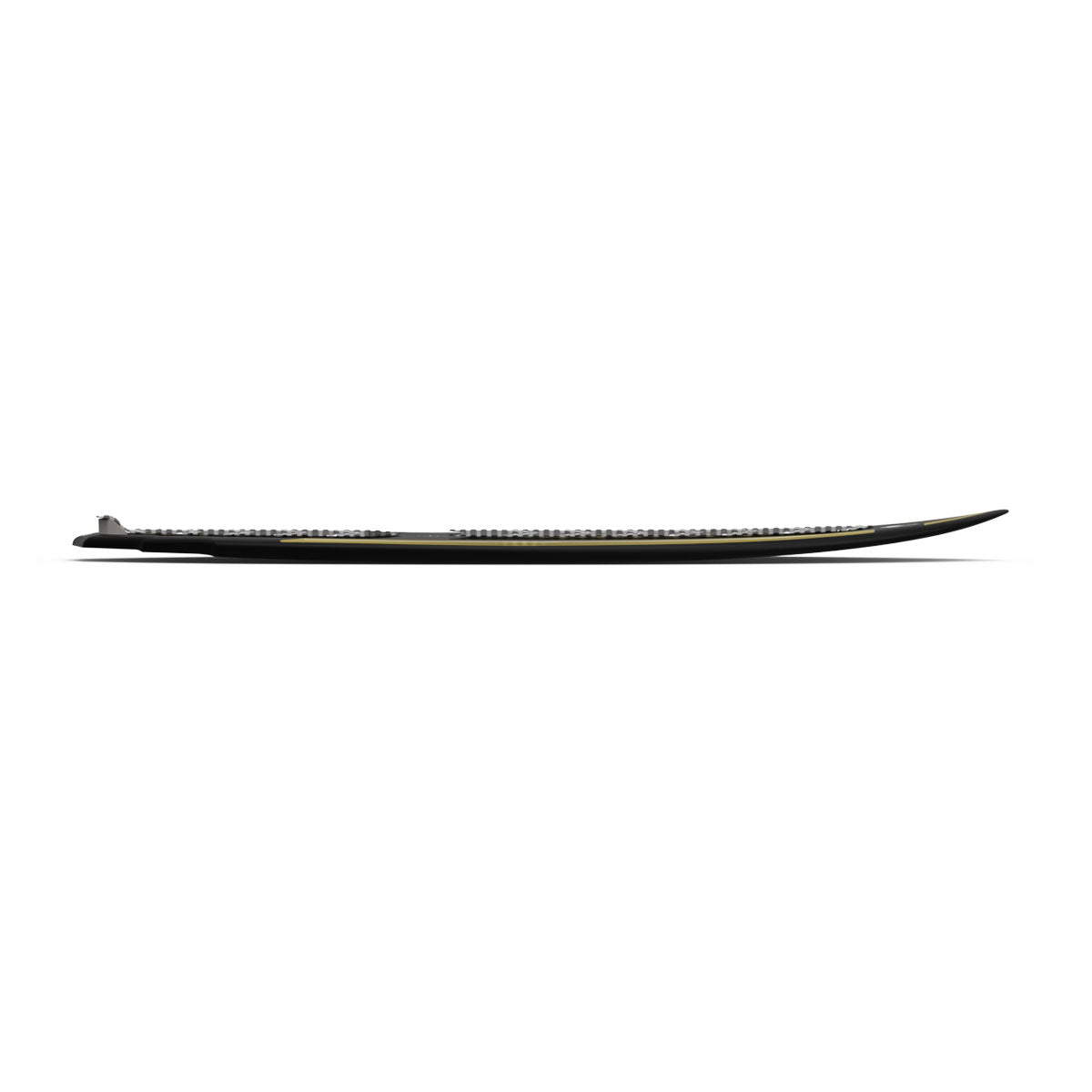 Side profile of Primo wakesurf board showing its rocker shape and slim outline.