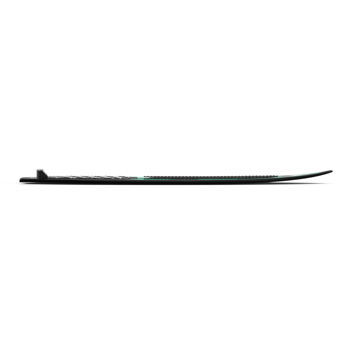 Side profile of Syncro wakesurf board showing thin shape and curved nose.