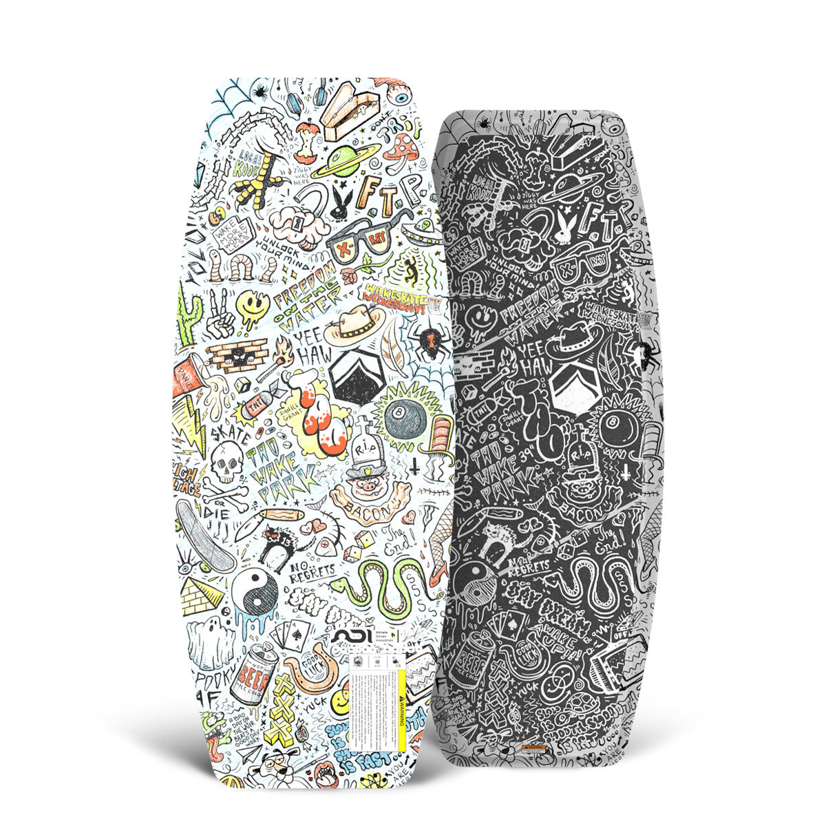 Front and back of 39" TAO Skate wakeskate featuring colorful and black doodle art graphics.