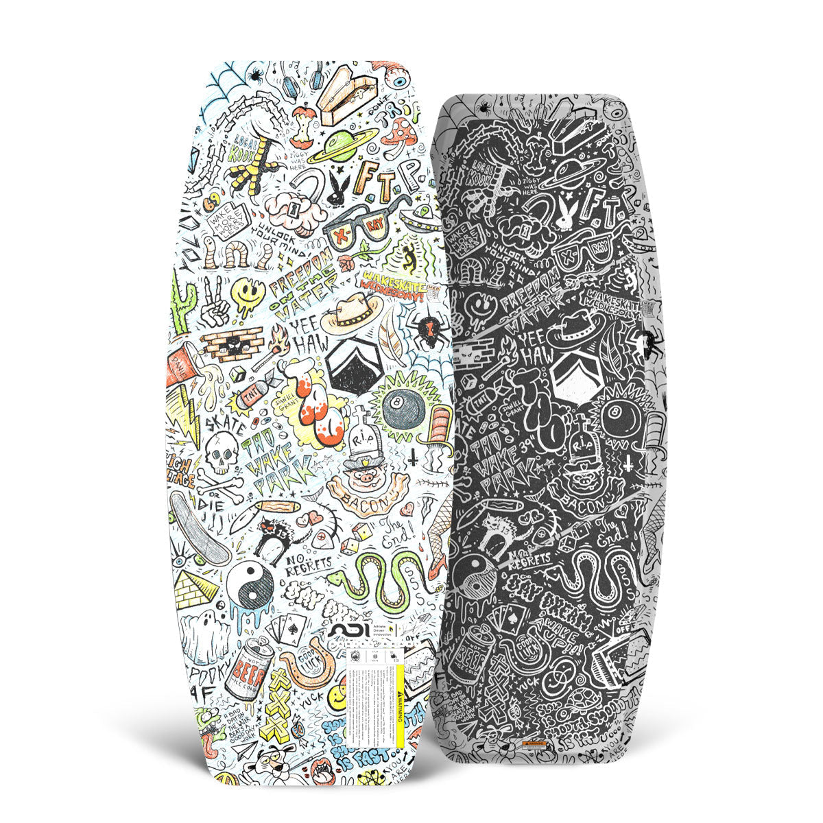 Front and back of 41" TAO Skate wakeskate featuring colorful and black doodle art graphics.