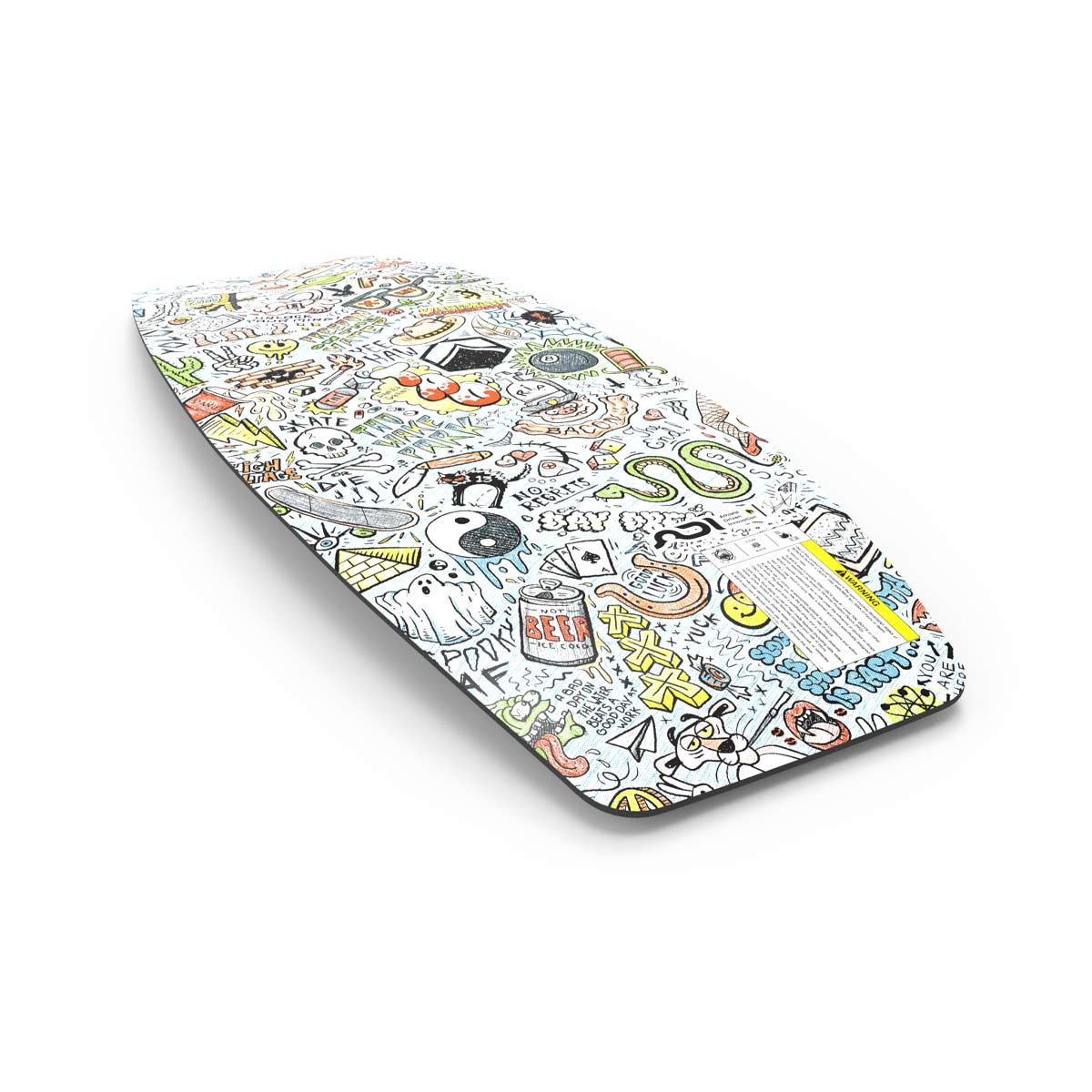 Angled bottom view of TAO Skate wakeskate with colorful graphic pattern.