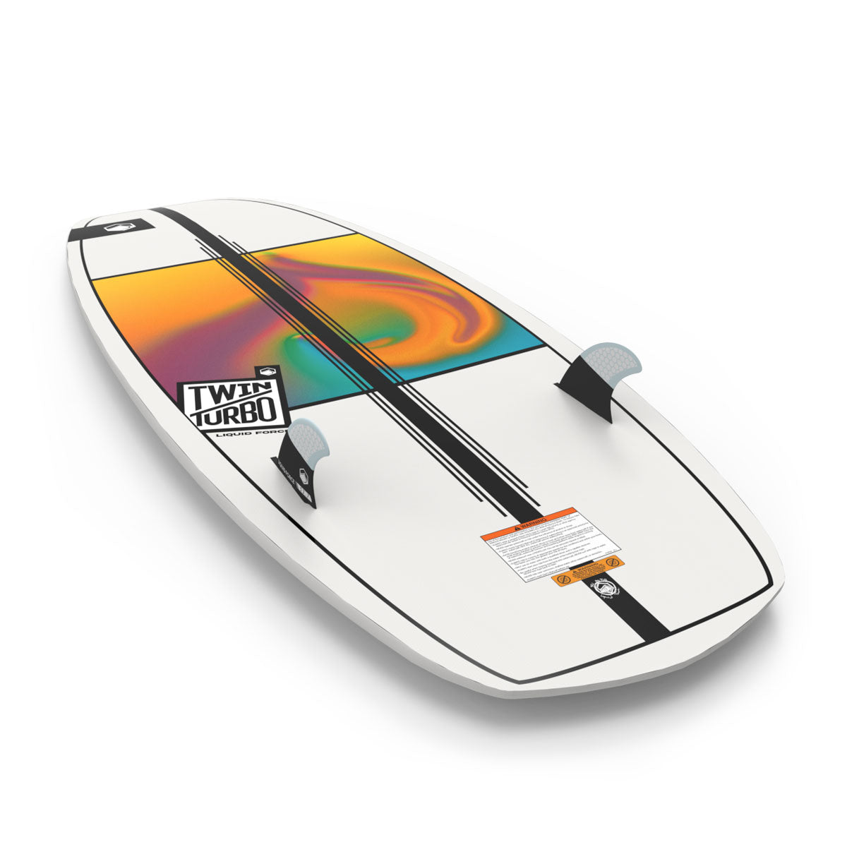 Bottom view of the Twin Turbo board showing dual fins and colorful swirl graphic.