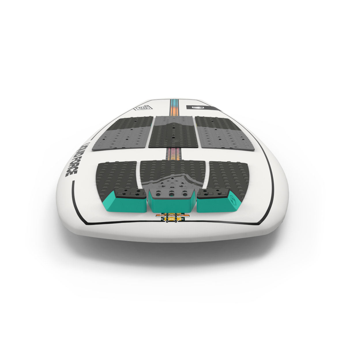 Front view of the Twin Turbo board showing traction pads and teal kicktail details.