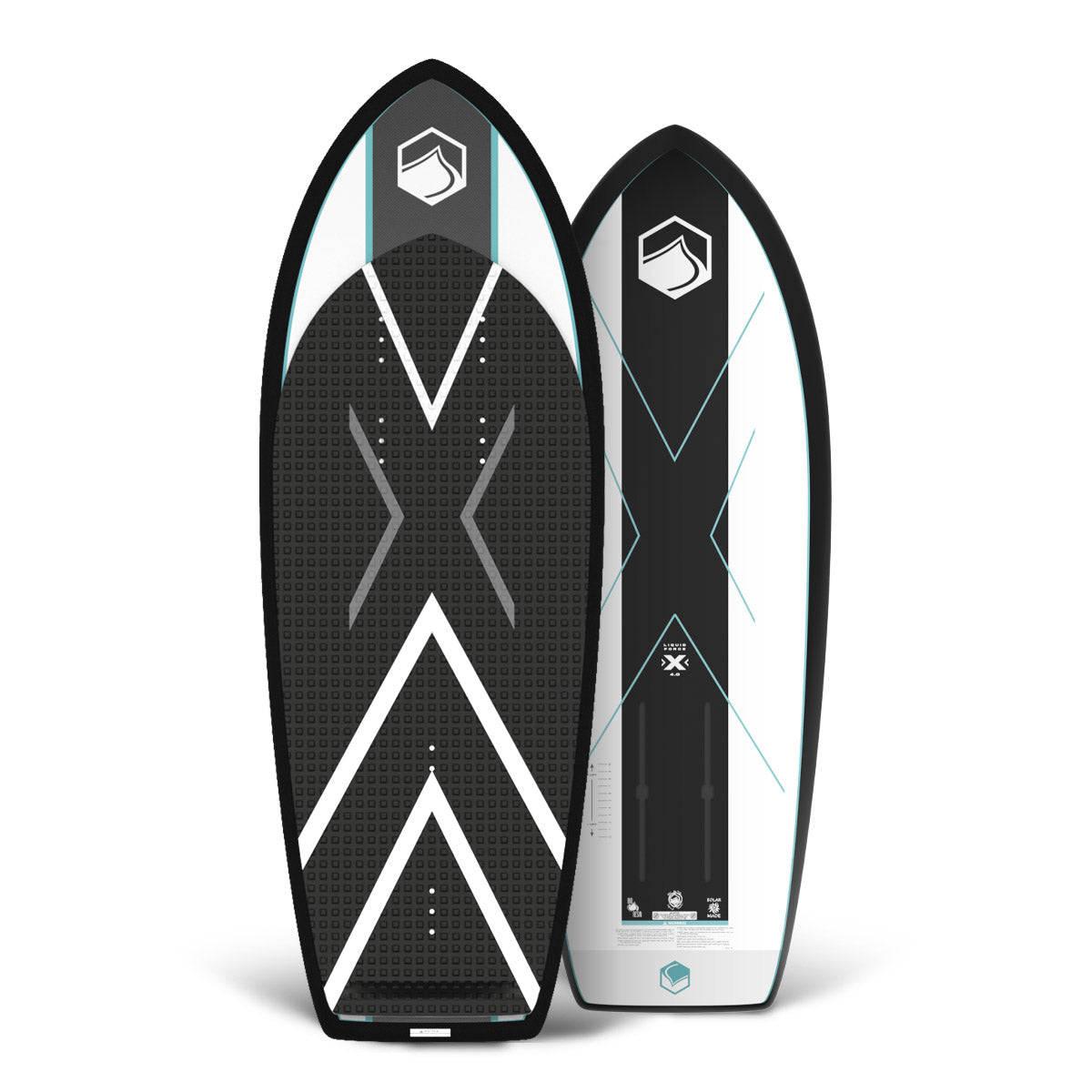 Top and bottom view of the X 4'4" foil board in black and white with geometric X pattern design.